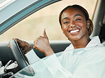 New car, smile or portrait of black woman with thumbs up, yes or thank you for vehicle finance or loan success. Motor, deal or happy driver ready for travel, transport or auto insurance agreement