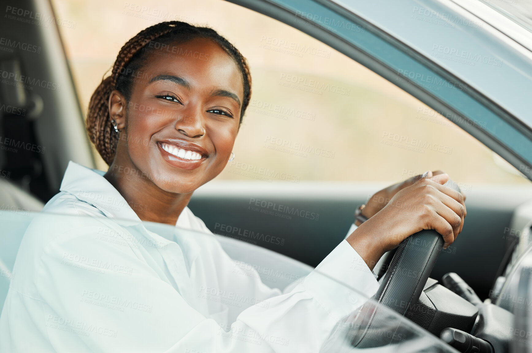 Buy stock photo Woman, driving car and portrait in window with driver license, freedom and travel on a road trip. Black female person in automobile, transport or vehicle test, transportation and excited for journey
