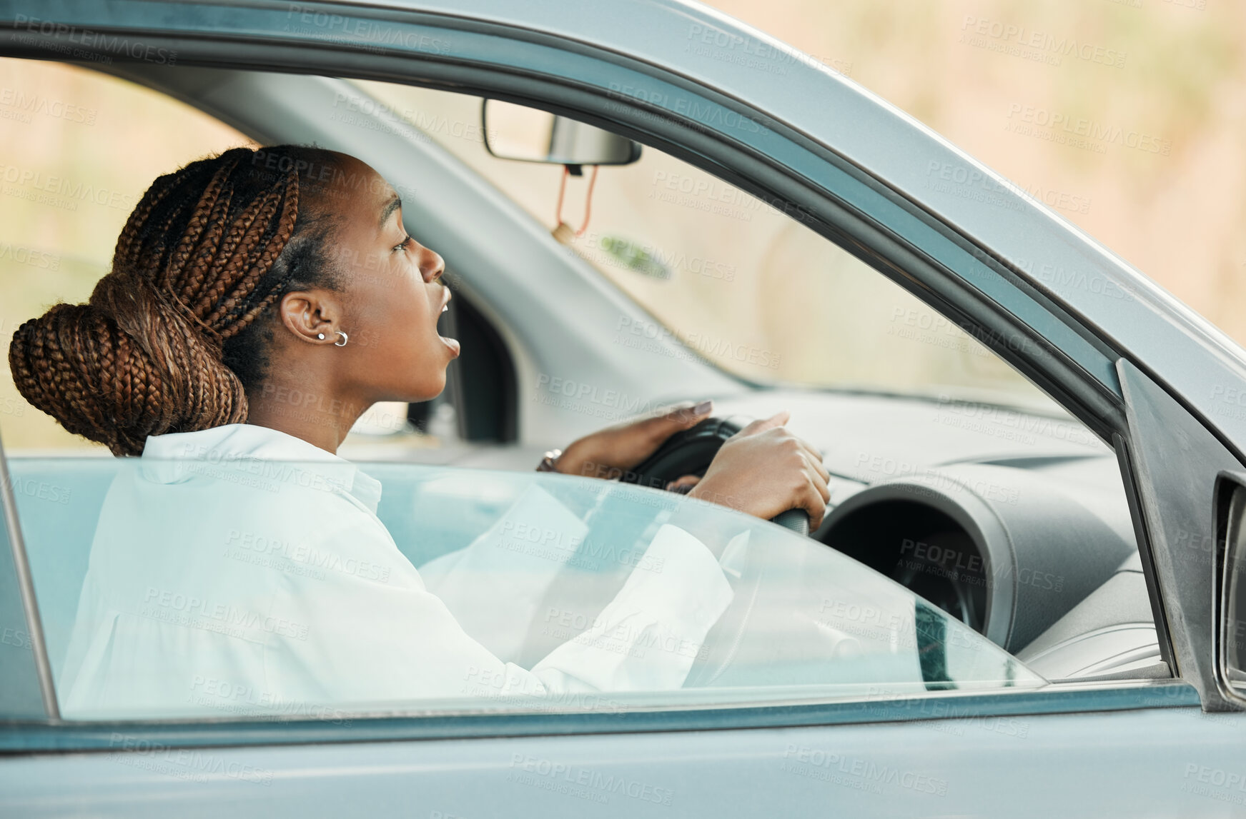 Buy stock photo Angry, car or black woman on road in traffic jam on commute journey with stress, anxiety or worry. Travel, frustrated or late driver in motor vehicle transportation screaming for attention or driving