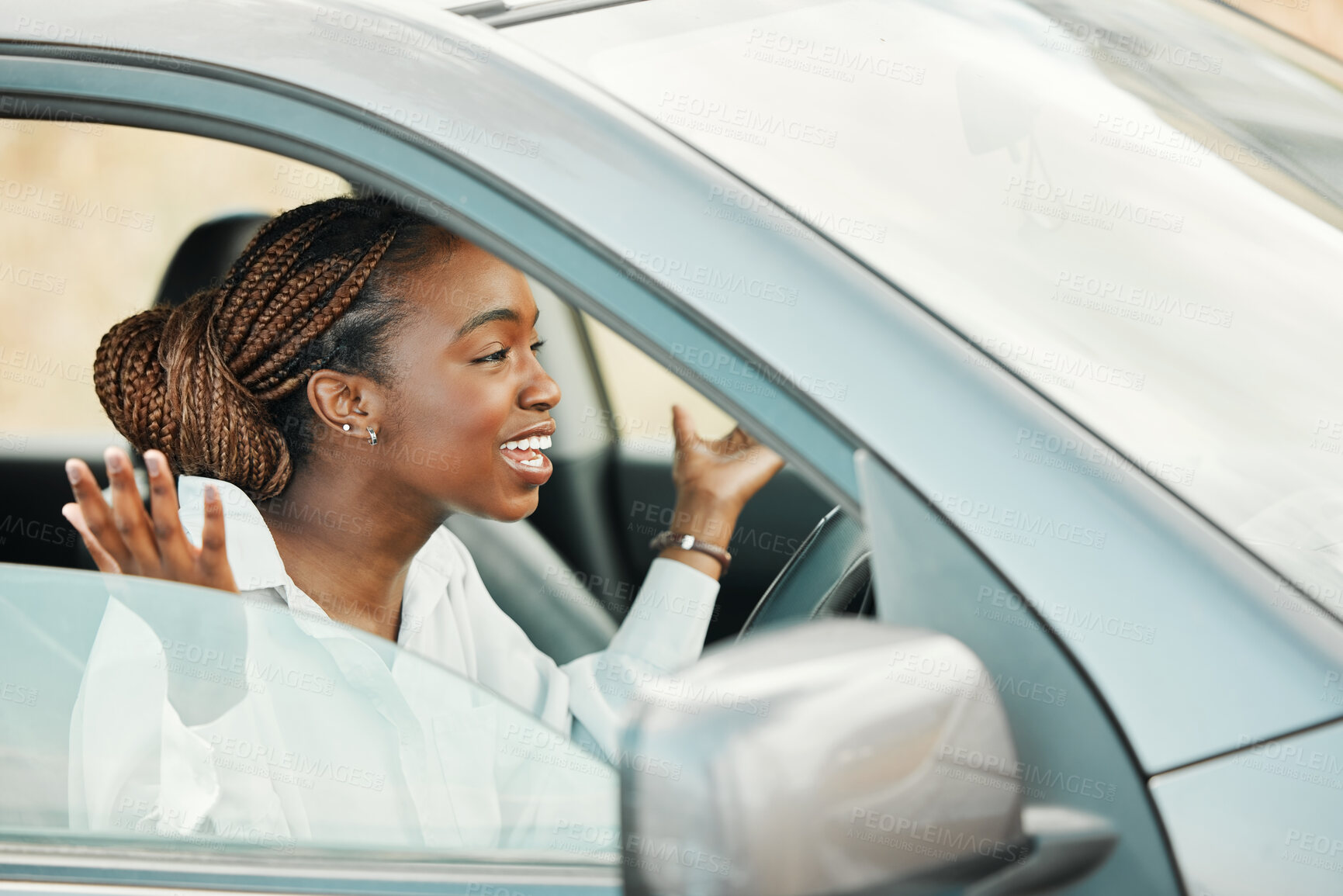 Buy stock photo Frustrated, car or black woman on road in traffic jam on commute journey with stress, anxiety or worry. Travel, stuck or late driver in motor vehicle transportation screaming for attention or driving