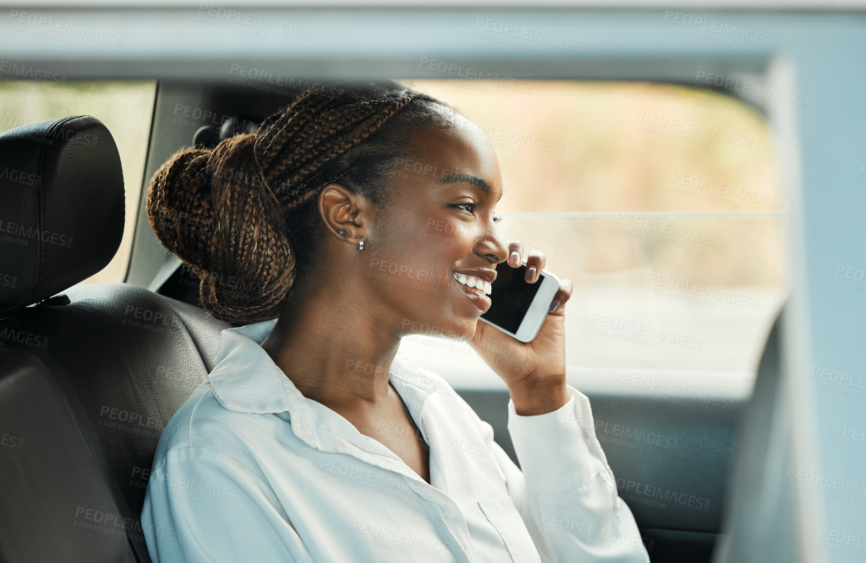 Buy stock photo Phone call, happy and black woman in car to travel, conversation and communication. Mobile, taxi and African person smile on trip, journey and commute in transportation, talking and listening to news