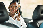 Phone call, smile and black woman in taxi to travel, conversation and communication. Mobile, car and happy African person on trip, journey and commute in transportation, talking and listening to news