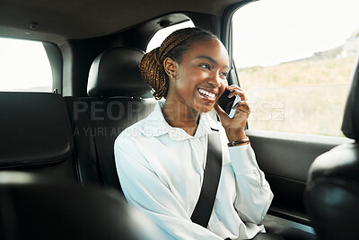Buy stock photo Smile, phone call and a business black woman a taxi for transport or ride share on her commute to work. Mobile, contact and a happy young employee in the backseat of a cab for travel as a passenger