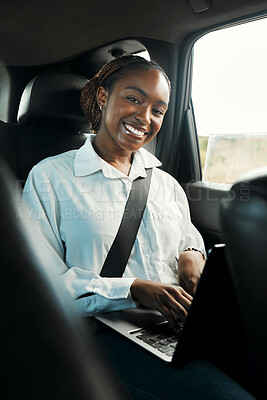 Buy stock photo Laptop, smile and portrait of black woman in taxi to travel, typing email and remote work on internet. Computer, car and happy African person on business trip, journey and commute in transportation