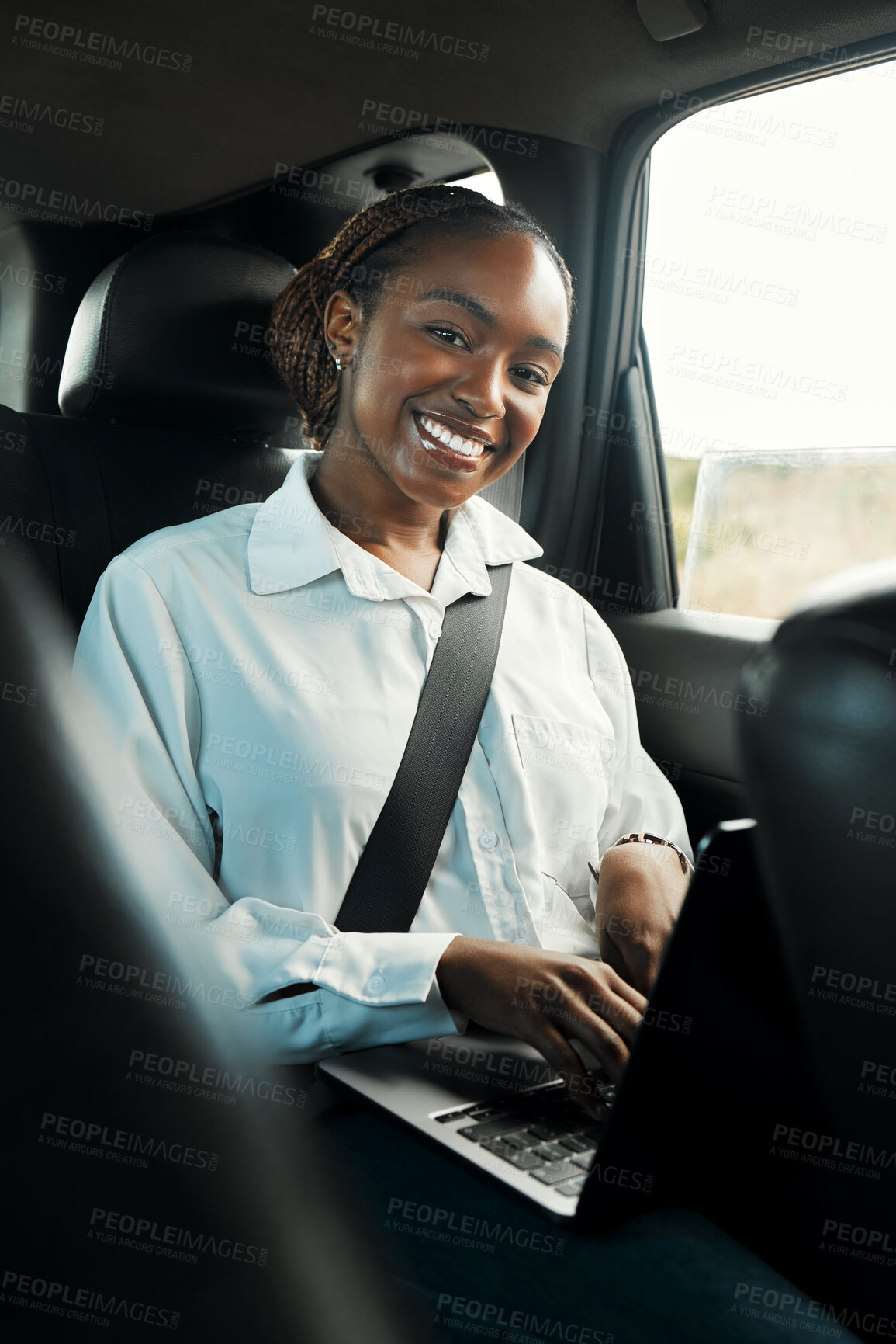 Buy stock photo Laptop, smile and portrait of black woman in taxi to travel, typing email and remote work on internet. Computer, car and happy African person on business trip, journey and commute in transportation
