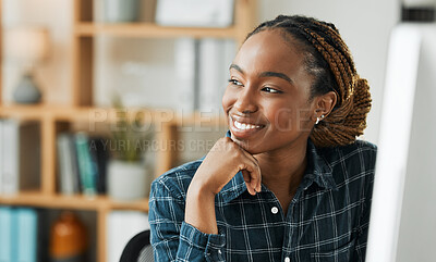 Buy stock photo Student, woman thinking and computer for home e learning, online education and vision for future or opportunity. Young african person with ideas, brainstorming and happy with course or scholarship