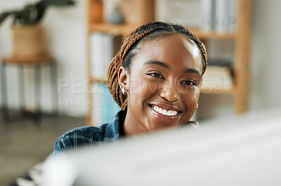 Buy stock photo Office, business and black woman with a smile, computer and data analyst with connection, thinking and ideas. African person, happy employee and entrepreneur in a workplace, pc and project planning