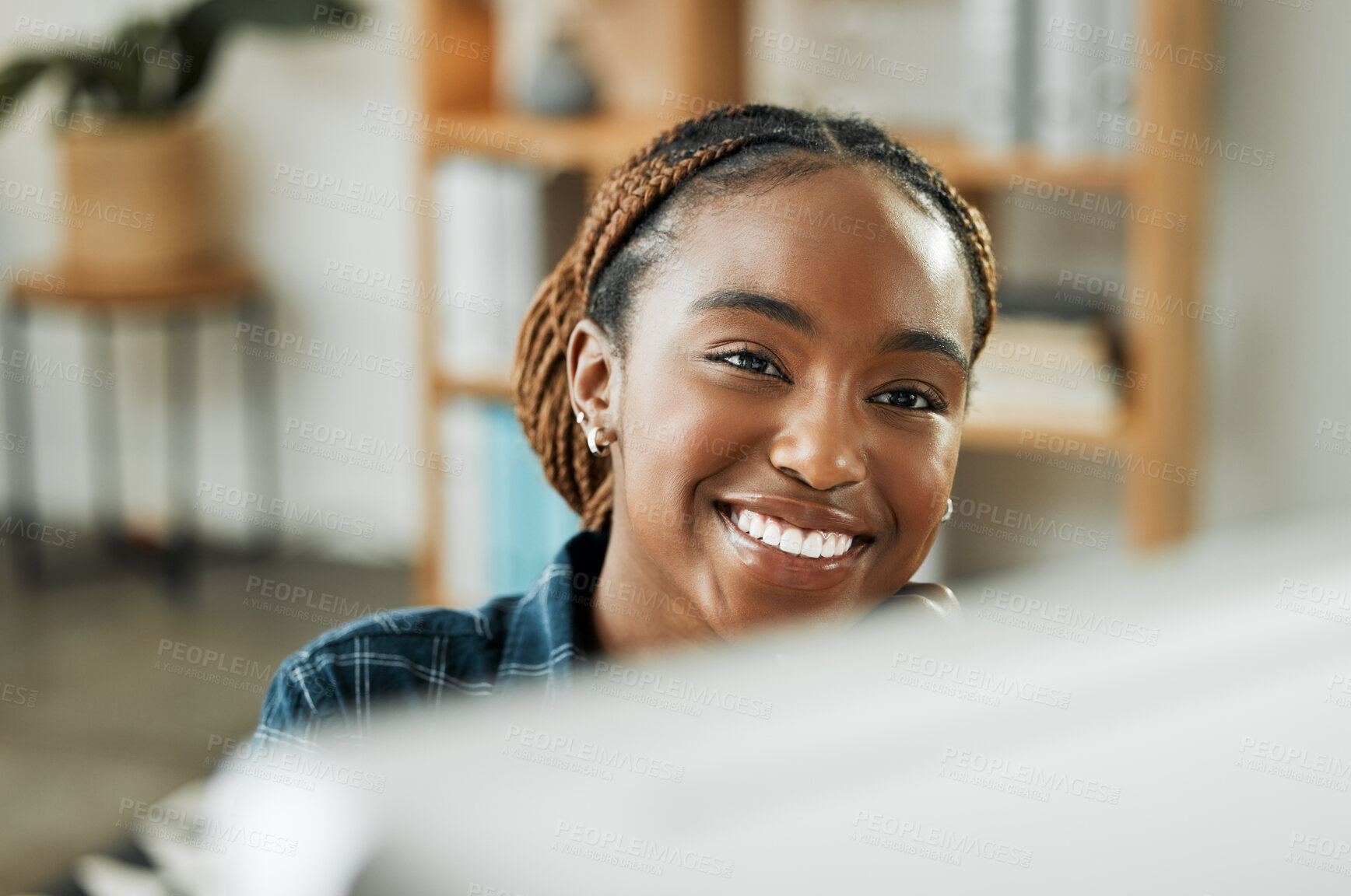 Buy stock photo Office, business and black woman with a smile, computer and data analyst with connection, thinking and ideas. African person, happy employee and entrepreneur in a workplace, pc and project planning