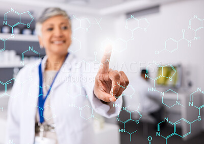 Buy stock photo Hand, press screen and chemistry equation, overlay and woman in laboratory with science and innovation. Chemical formula, medical research investigation and senior scientist, hologram and futuristic 