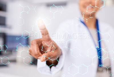 Buy stock photo Hand, press screen and chemistry formula, overlay and person in laboratory with science and innovation. Chemical equation, medical research investigation and scientist study, hologram and futuristic 