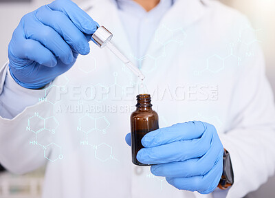 Buy stock photo Essential oil, hands or scientist in lab overlay to research organic formula for science development. Serum closeup, medical study or chemical expert working on a skincare, future or beauty product