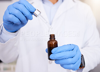 Buy stock photo Scientist, hands and pipette with oil for experiment, dosage or measurement in laboratory. Closeup of medical person or healthcare professional with gloves, serum or vial in research test at lab