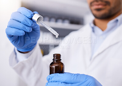 Buy stock photo Scientist, hands and pipette with bottle for dosage, experiment or measurement in laboratory. Closeup of person, medical or healthcare professional with gloves, health serum or vial in testing at lab