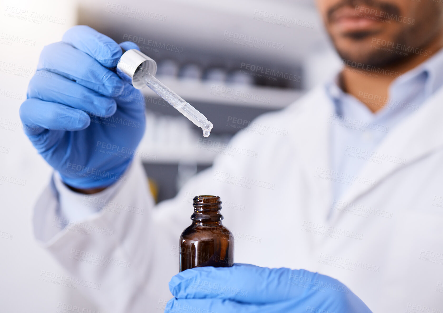 Buy stock photo Scientist, hands and pipette with bottle for dosage, experiment or measurement in laboratory. Closeup of person, medical or healthcare professional with gloves, health serum or vial in testing at lab