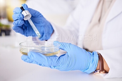 Buy stock photo Scientist, hand and dropper for medical science research, medicine pharmacy or dna blood engineering in lab. Study, pipette or equipment in healthcare analytics test or future vaccine innovation