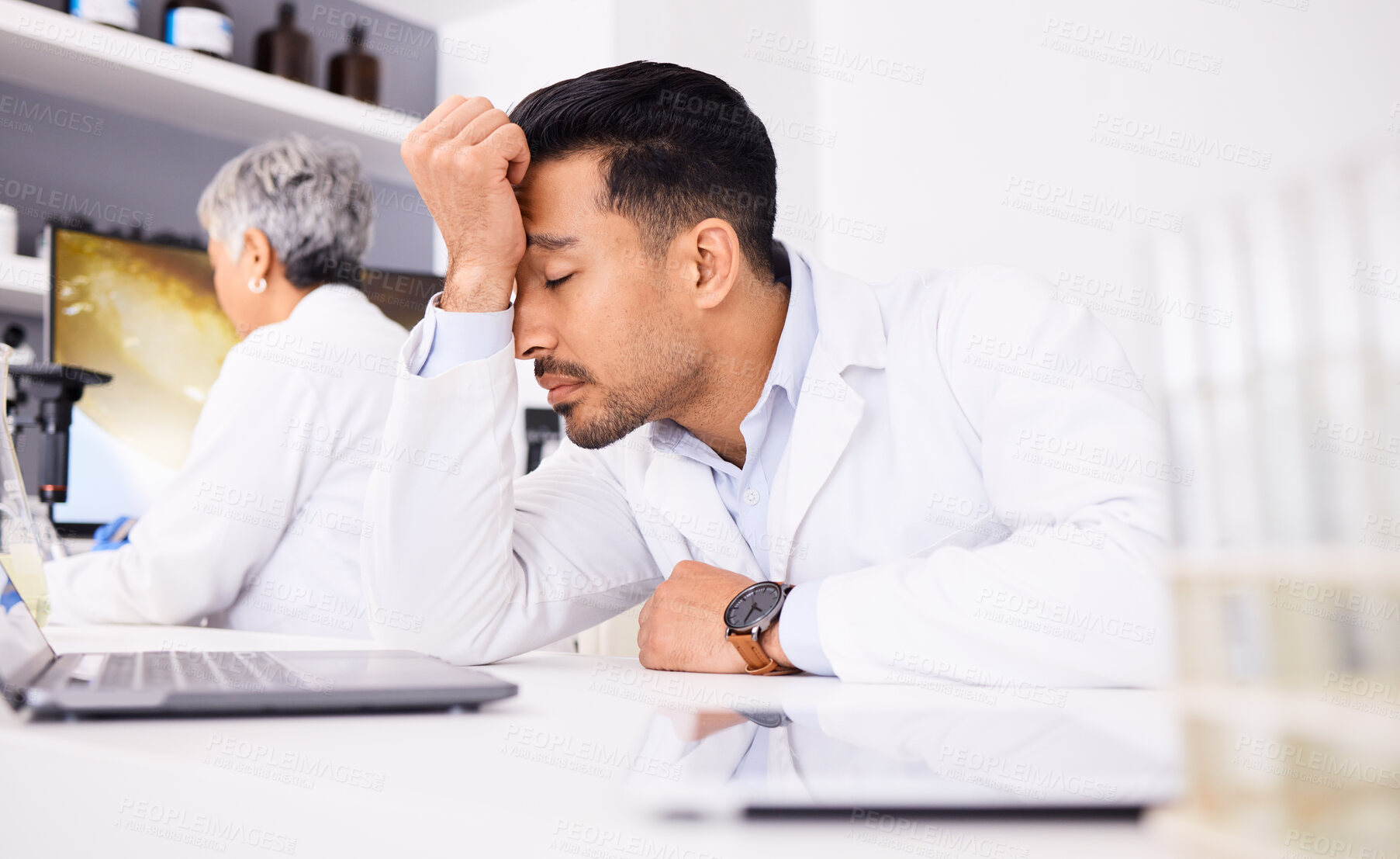 Buy stock photo Scientist, tired and headache of computer research, planning and data analysis, mistake or healthcare results. Stress or sad science man or doctor working on laptop in medical or chemistry laboratory