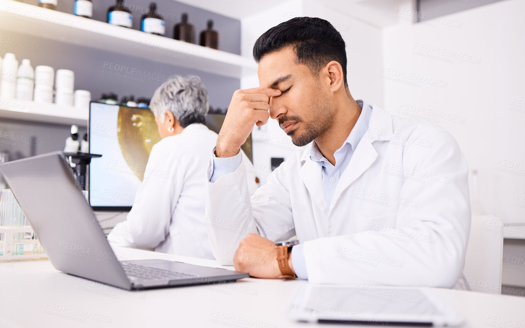 Buy stock photo Scientist, pain and headache for computer research, pharmaceutical fail or data analysis, mistake or laboratory results. Sad, fatigue or tired science man or medical doctor on laptop for job crisis