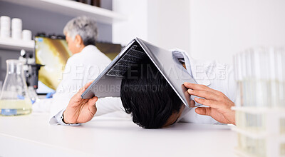 Buy stock photo Laptop, stress and science with a man in a laboratory for problem solving a research or innovation project. Computer, burnout and anxiety with a scientist in a lab for experiment or investigation