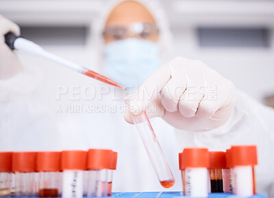 Buy stock photo Blood, dropper or hands of scientist in a lab for science with innovation, dna and rna research. Hazmat, analysis closeup or expert working on liquid for chemistry, future or breakthrough cure