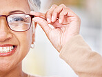 Glasses, senior woman and portrait of a happy customer shopping for vision lens, eye care or frame. Face closeup, smile or mature person for decision on optometry product choice for eyes or wellness