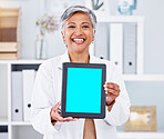 Doctor, senior woman and tablet, mockup and screen with telehealth advertising, hospital and technology. Healthcare website, ads for health and wellness app with physician and online medical system