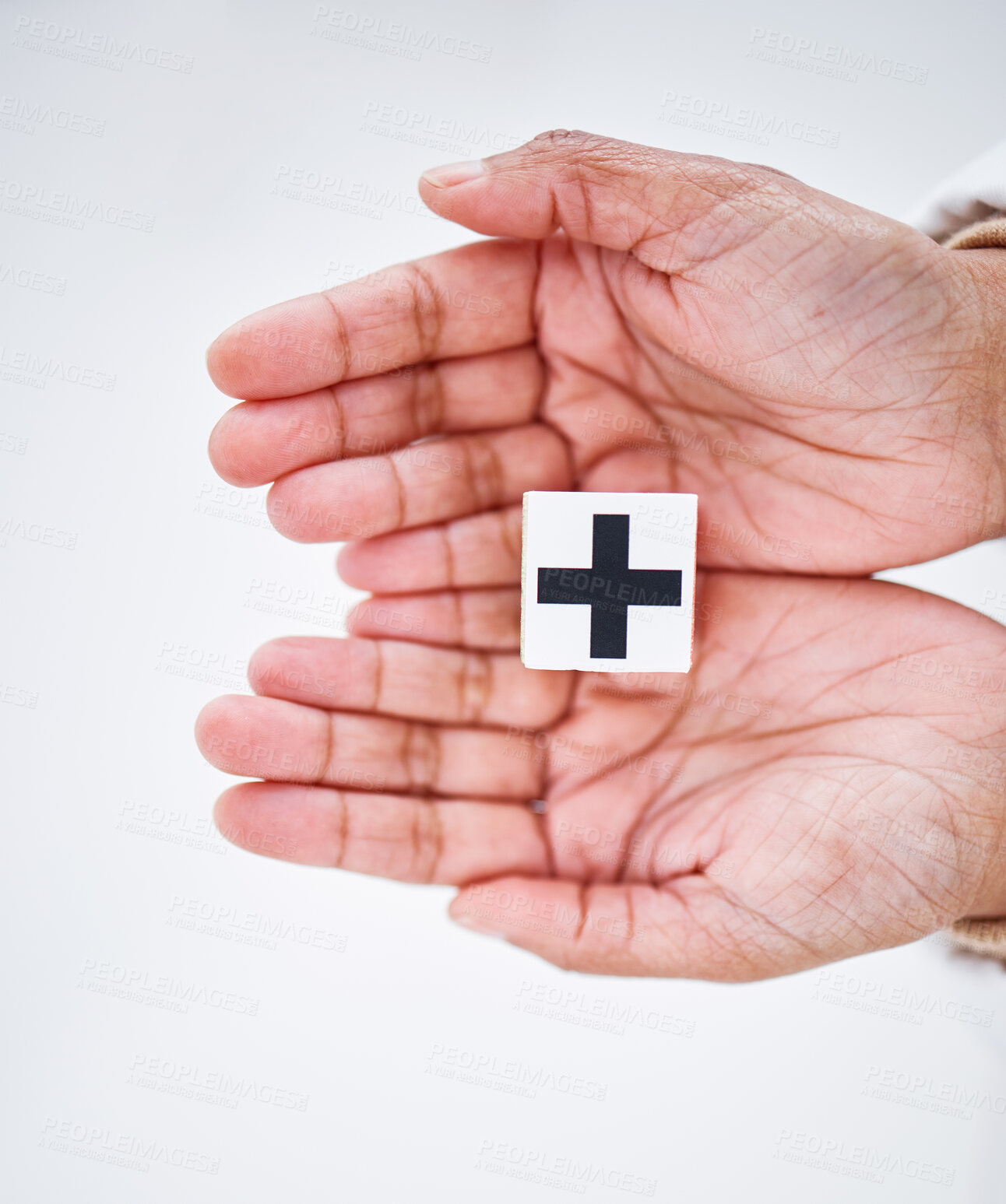 Buy stock photo Healthcare, insurance and hands with cross sign for medical service, care and safety on white background. Hospital, symbol and person with emoji, shape and icon for help, support aid and medicine