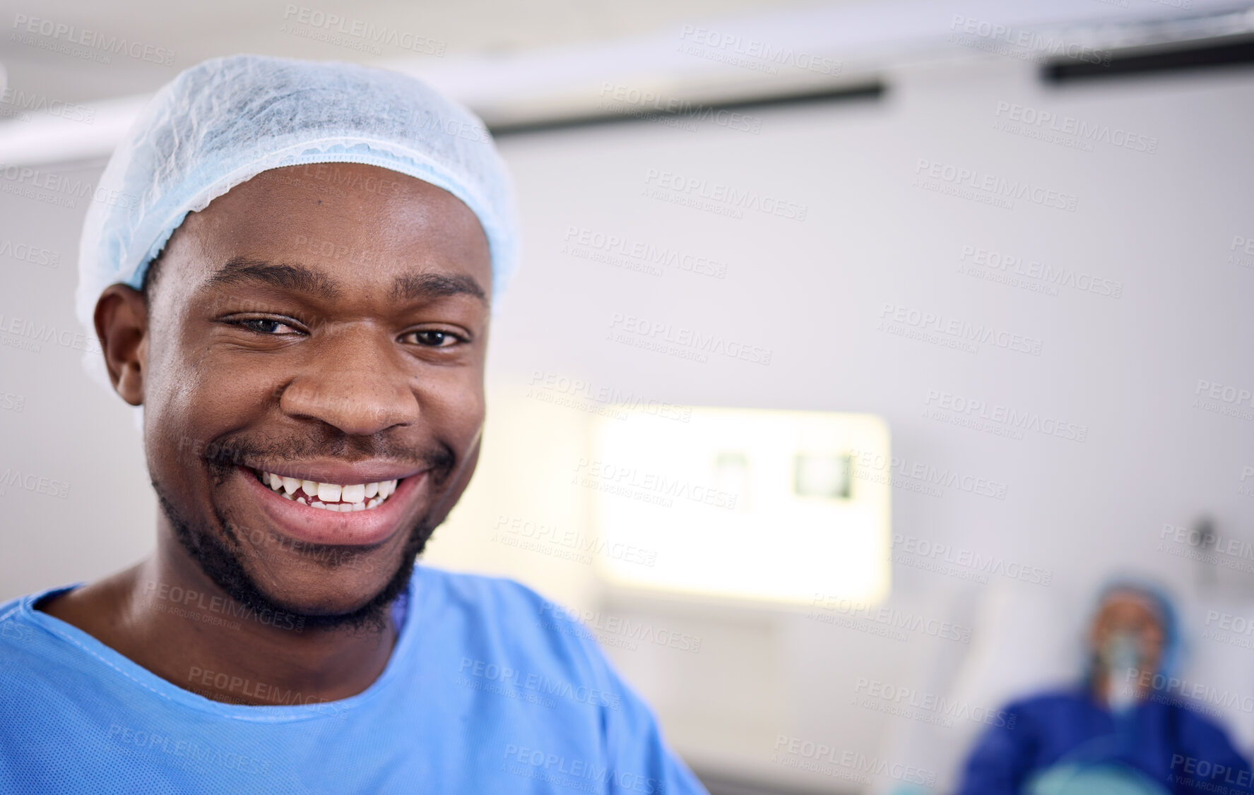 Buy stock photo Smile, portrait and black man, surgeon or healthcare expert for patient surgery support, hospital services or medical help. Client, happy and African person, nurse or doctor in operating room theatre