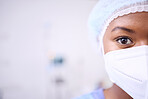 Portrait, face mask or hospital woman, surgeon or healthcare expert for surgery procedure, clinic service or help. Nurse specialist, mockup advertising space or doctor commitment in operating theatre