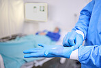 Hands, gloves and hospital person, surgeon or healthcare expert ready for surgery, clinic service or helping patient. Nurse, scrubs and doctor commitment, job experience or prepare for client support