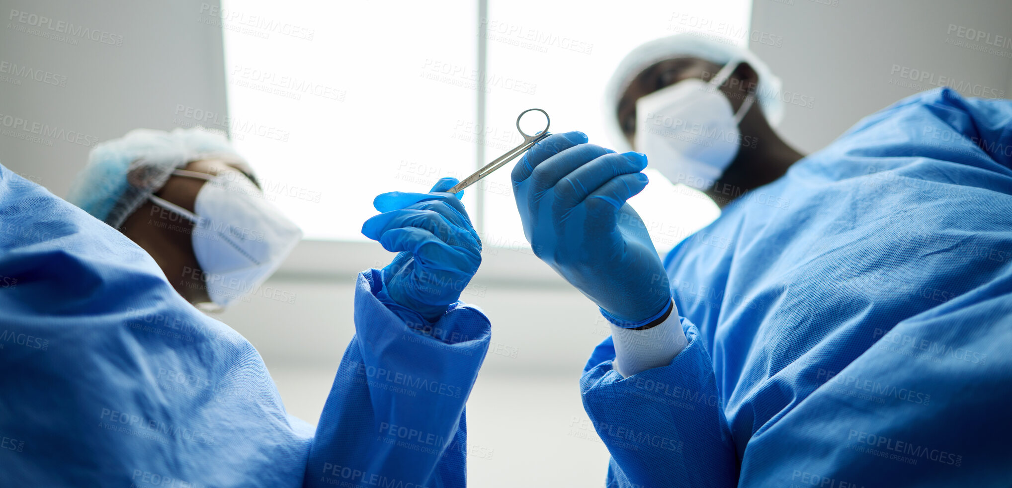 Buy stock photo Surgery team, scissors and a doctor in a hospital or theatre to start operation with surgical tools. Below a surgeon and assistant with sterile equipment for medical procedure or emergency healthcare