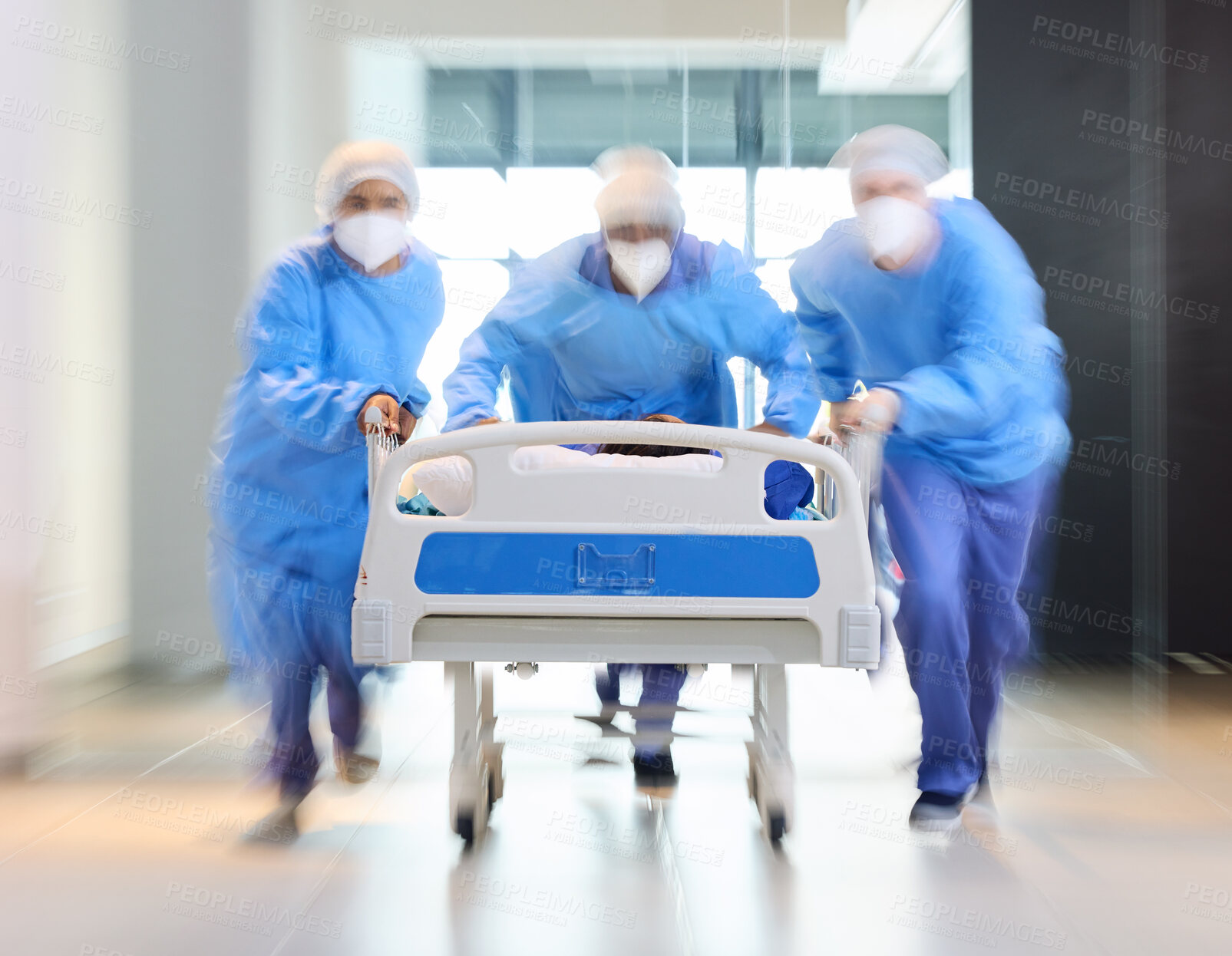 Buy stock photo Running, bed and surgeon team, healthcare expert or group speed for surgery support, emergency services or medical help. Wellness, fast motion blur and doctors rush patient for first aid teamwork