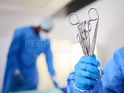 Buy stock photo Hand, scissors and a doctor in a hospital or theatre to start operation with surgical tools. Zoom on a surgeon, assistant or staff with sterile equipment for medical procedure or emergency healthcare