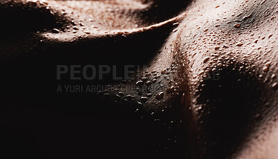 Buy stock photo Texture, water drops or skin and body of a person for dermatology, skincare and hygiene. Zoom on aesthetic model for art deco, silhouette and sweat with droplets, creative and wellness background