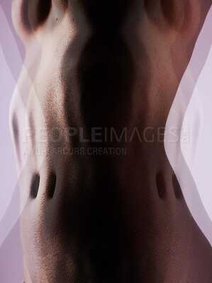 Buy stock photo Skin, texture and body in studio on double exposure for skincare, beauty and dermatology. Creative aesthetic, silhouette and stomach of person on purple background for wellness, art deco or cosmetics