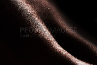 Buy stock photo Skin, texture or body and sweat of a person for dermatology, skincare glow and hygiene. Zoom on aesthetic model for art deco, silhouette and wet or droplets for creative and wellness background