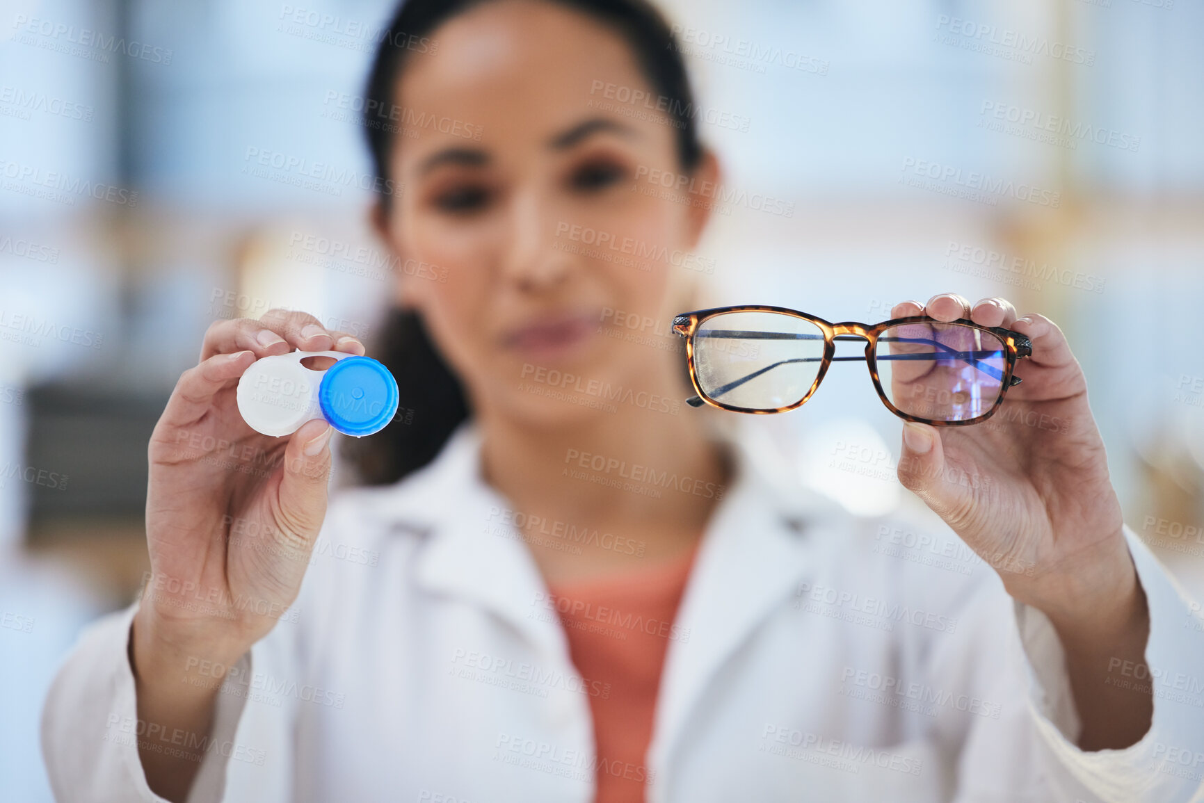 Buy stock photo Hands, glasses and contact lens, woman with choice of eye care and help with optometry, vision and healthcare closeup. Doctor, frame and lenses container with decision, advice and ophthalmologist