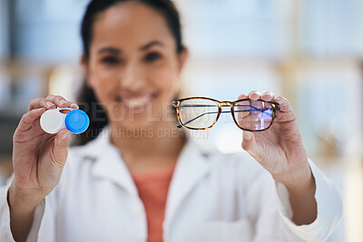 Buy stock photo Hands, glasses and contact lenses, woman with choice of eye care and help with optometry, vision and healthcare closeup. Doctor, frame and lens container with decision, advice and ophthalmologist