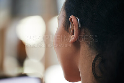 Buy stock photo Hearing aid, closeup and deaf ear with sound and person with a disability for helping with audio and medical implant. Technology, patient and problem with listening support and wellness with back