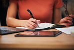 Notebook, pen and hands of person writing summary notes, schedule or event planner working on appointment calendar. Project, closeup secretary and receptionist planning agenda, journal or report plan