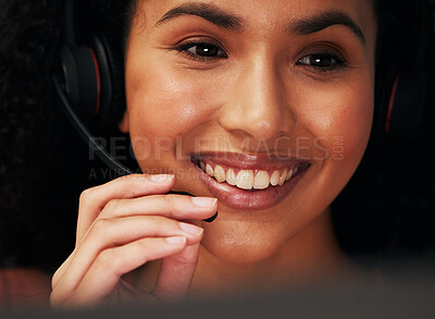 Buy stock photo Face, mic and woman at callcenter, headset and closeup with phone call, CRM and communication with smile. Technology, customer service and happy consultant, help desk or advice with tech support