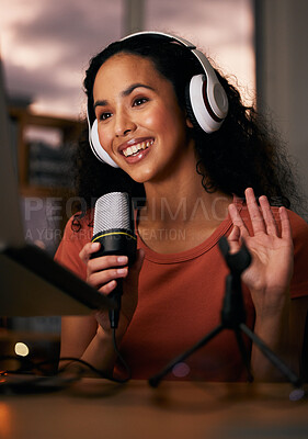 Buy stock photo Woman, headphones and mic, radio DJ or podcast with press journalist and live internet broadcast at night. Happy, tech and multimedia, communication and social media streamer with content creation