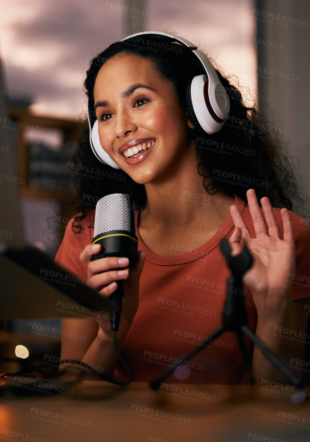 Buy stock photo Woman, headphones and mic, radio DJ or podcast with press journalist and live internet broadcast at night. Happy, tech and multimedia, communication and social media streamer with content creation