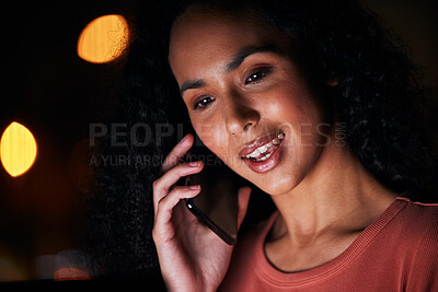 Buy stock photo Face, phone call and a business woman at night for communication, networking or negotiation. Mobile, contact and dark with a young employee speaking closeup for a professional work opportunity