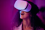 Woman, wow and virtual reality, digital world and 3D with future technology, UX and neon lighting. Surprise, VR and metaverse, scifi or fantasy with simulation, gaming and holographic with multimedia