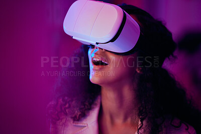 Buy stock photo Woman, wow and virtual reality, digital world and 3D with future technology, UX and neon lighting. Surprise, VR and metaverse, scifi or fantasy with simulation, gaming and holographic with multimedia