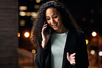 Cellphone call, communication and professional woman consulting, discussion and talking with business contact. Rooftop, city and person networking, planning and late night consultation on smartphone