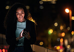 Phone, balcony and happy professional woman typing, search website or texting online business contact. City mockup space, smartphone and night person research mobile connection, app or reading email