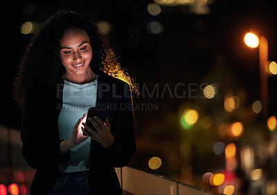 Buy stock photo Phone, balcony and happy professional woman typing, search website or texting online business contact. City mockup space, smartphone and night person research mobile connection, app or reading email