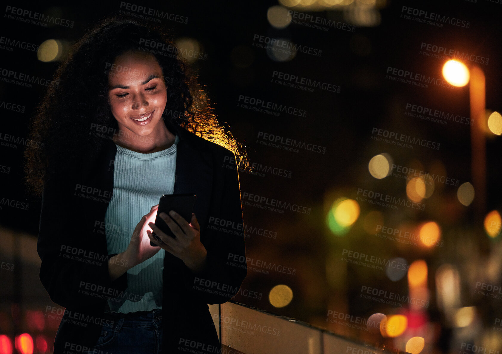 Buy stock photo Phone, balcony and happy professional woman typing, search website or texting online business contact. City mockup space, smartphone and night person research mobile connection, app or reading email