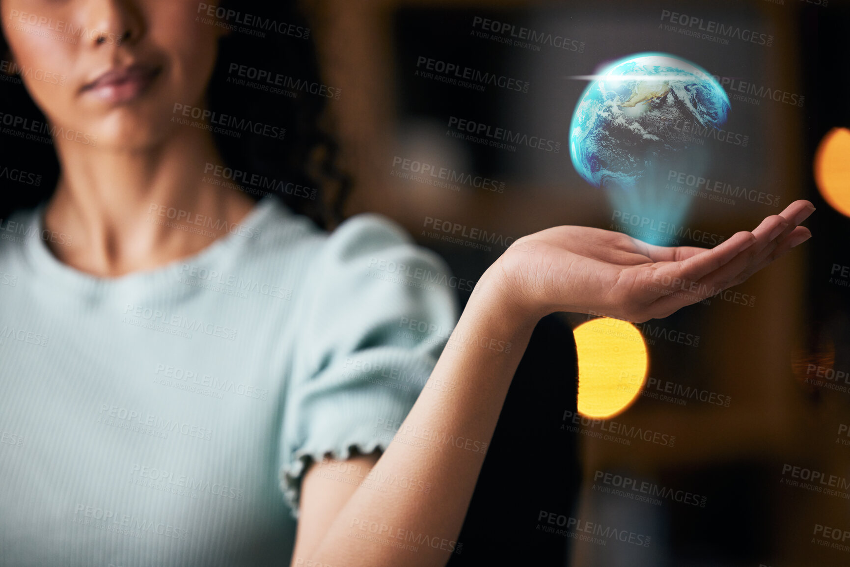 Buy stock photo Business woman, hand and hologram of Earth, global network and 3D with futuristic and innovation. International company, worldwide and digital world with corporate growth, development and holographic